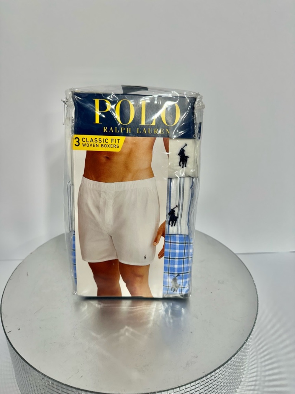 Polo by Ralph Lauren Men’s 3-Pack Woven Boxers – White & Blue Plaid/Striped